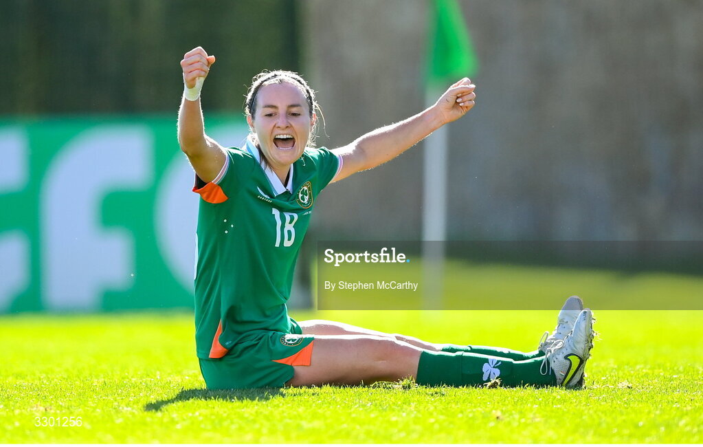29 November 2025; Kyra Carusa of Republic of Ireland celebrates after scoring their side's second goal during the women's international friendly match between Republic of Ireland and Hungary at Marbella Football Centre in Marbella, Spain. Photo by Stephen McCarthy/Sportsfile