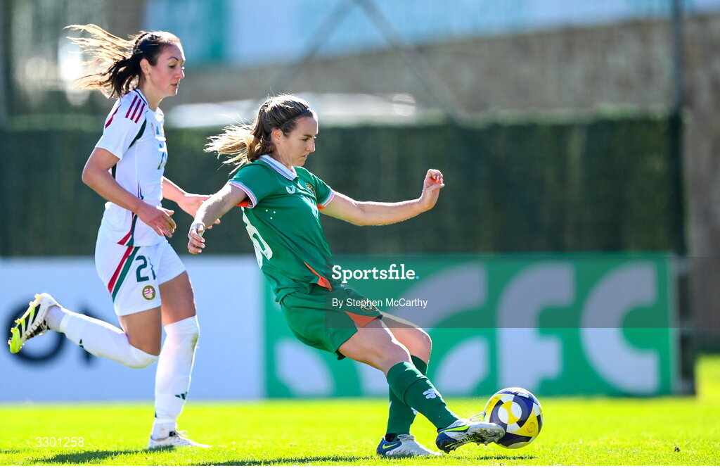 29 November 2025; Kyra Carusa of Republic of Ireland scores her side's second goal during the women's international friendly match between Republic of Ireland and Hungary at Marbella Football Centre in Marbella, Spain. Photo by Stephen McCarthy/Sportsfile