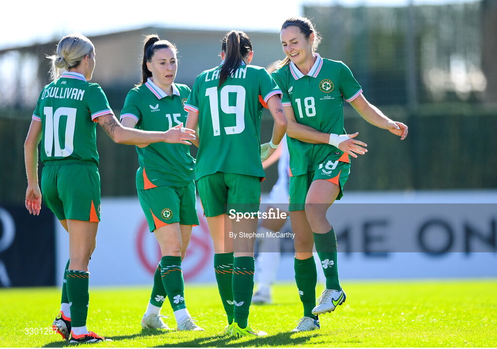 29 November 2025; Kyra Carusa of Republic of Ireland, right, celebrates with teammates, from left, Denise O’Sullivan, Lucy Quinn and Abbie Larkin, after scoring their side's second goal during the women's international friendly match between Republic of Ireland and Hungary at Marbella Football Centre in Marbella, Spain. Photo by Stephen McCarthy/Sportsfile