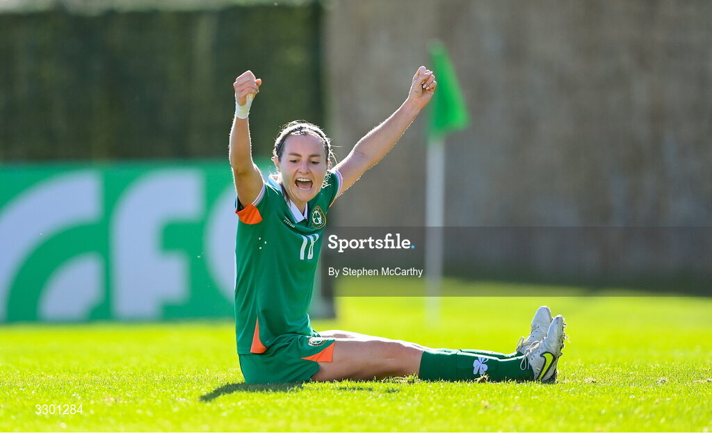 29 November 2025; Kyra Carusa of Republic of Ireland celebrates after scoring her side's second goal during the women's international friendly match between Republic of Ireland and Hungary at Marbella Football Centre in Marbella, Spain. Photo by Stephen McCarthy/Sportsfile