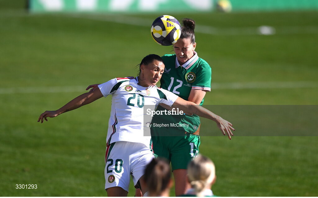 29 November 2025; Anna Patten of Republic of Ireland in action against Dora Sule of Hungary during the women's international friendly match between Republic of Ireland and Hungary at Marbella Football Centre in Marbella, Spain. Photo by Stephen McCarthy/Sportsfile