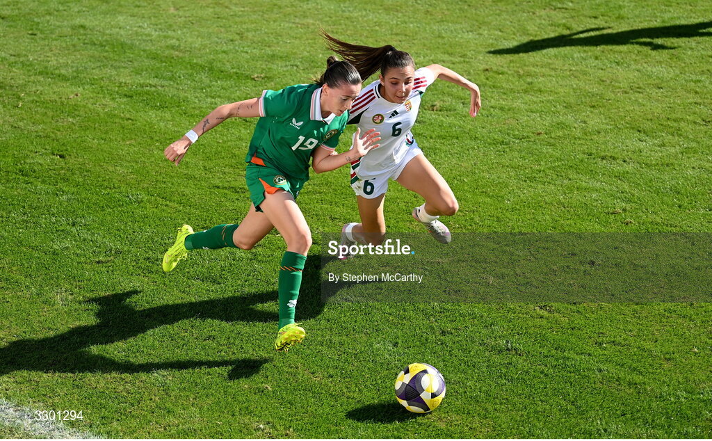 29 November 2025; Abbie Larkin of Republic of Ireland in action against Borbala Vincze of Hungary during the women's international friendly match between Republic of Ireland and Hungary at Marbella Football Centre in Marbella, Spain. Photo by Stephen McCarthy/Sportsfile