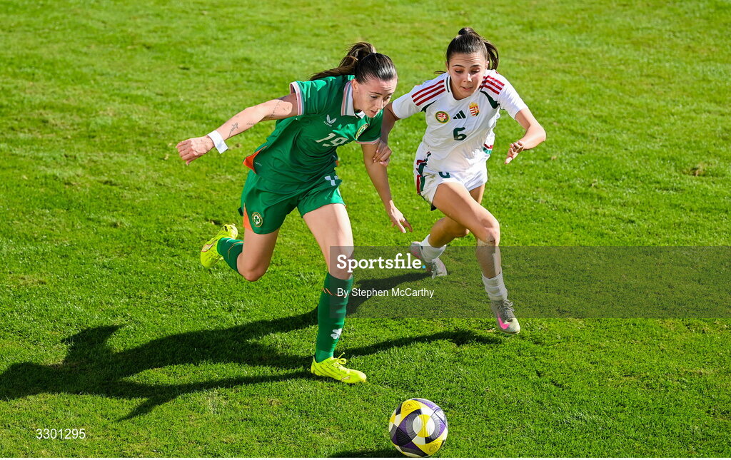 29 November 2025; Abbie Larkin of Republic of Ireland in action against Borbala Vincze of Hungary during the women's international friendly match between Republic of Ireland and Hungary at Marbella Football Centre in Marbella, Spain. Photo by Stephen McCarthy/Sportsfile