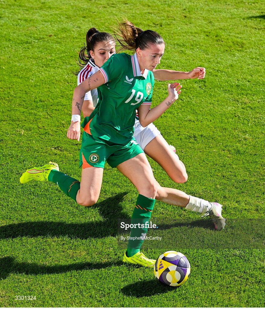 29 November 2025; Abbie Larkin of Republic of Ireland in action against Borbala Vincze of Hungary during the women's international friendly match between Republic of Ireland and Hungary at Marbella Football Centre in Marbella, Spain. Photo by Stephen McCarthy/Sportsfile