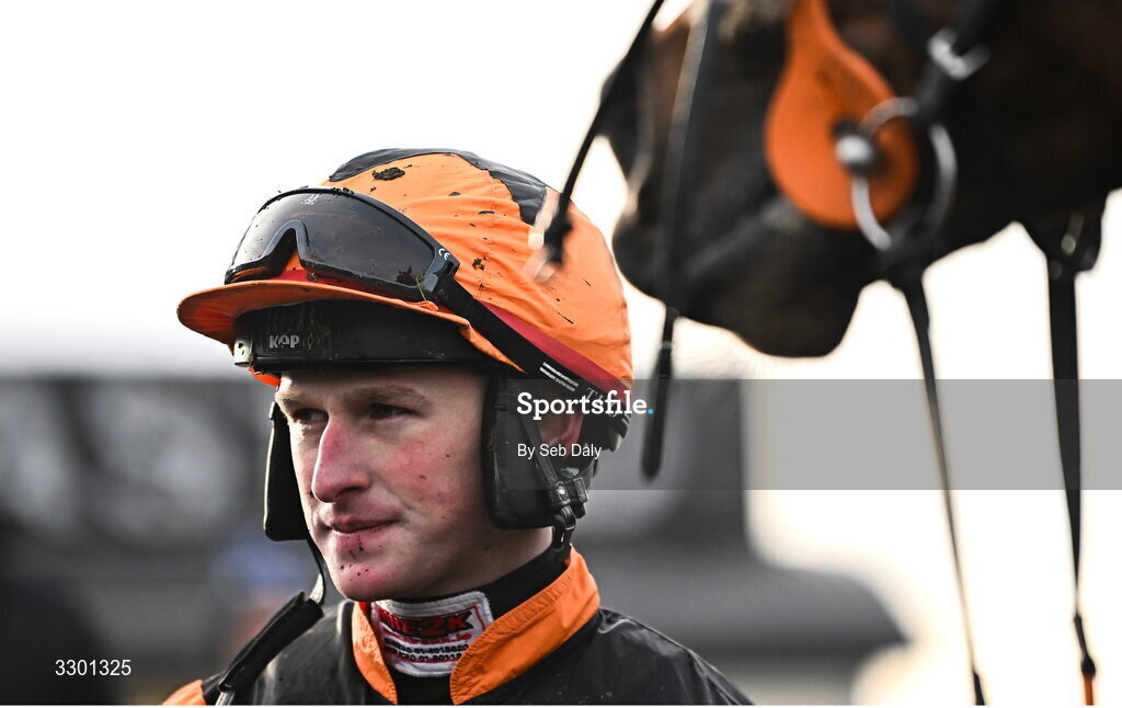 29 November 2025; Jockey Joey Dunne after winning the Race And Stay Irish EBF Mares Handicap Steeplechase on True Testimony during day one of the Fairyhouse Winter Festival at Fairyhouse Racecourse in Meath. Photo by Seb Daly/Sportsfile