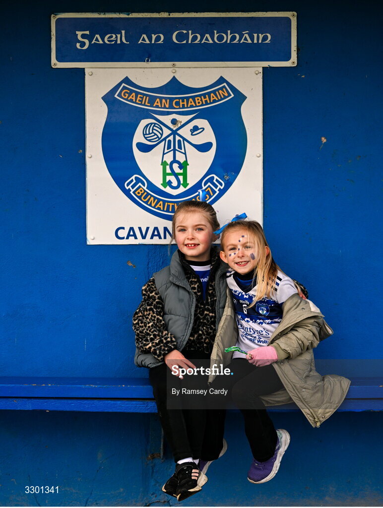 29 November 2025; Cavan Gaels supporters Heidi Brady, age 6, and Síomha Lawton, age 7, before the AIB All-Ireland Ladies Football Club Junior Club Championship semi-final match between Cavan Gaels of Cavan and Cromane of Kerry at Terry Coyle Park in Cavan. Photo by Ramsey Cardy/Sportsfile