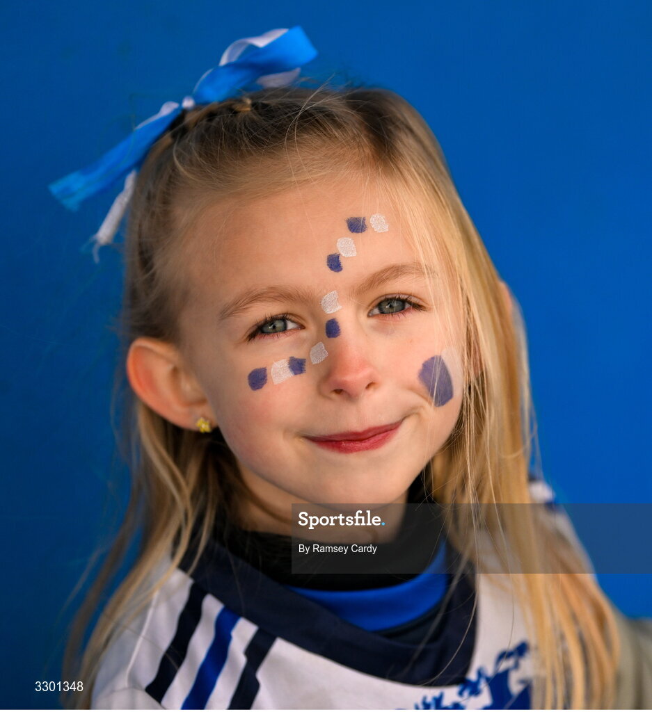 29 November 2025; Cavan Gaels supporter Síomha Lawton, age 7, before the AIB All-Ireland Ladies Football Club Junior Club Championship semi-final match between Cavan Gaels of Cavan and Cromane of Kerry at Terry Coyle Park in Cavan. Photo by Ramsey Cardy/Sportsfile