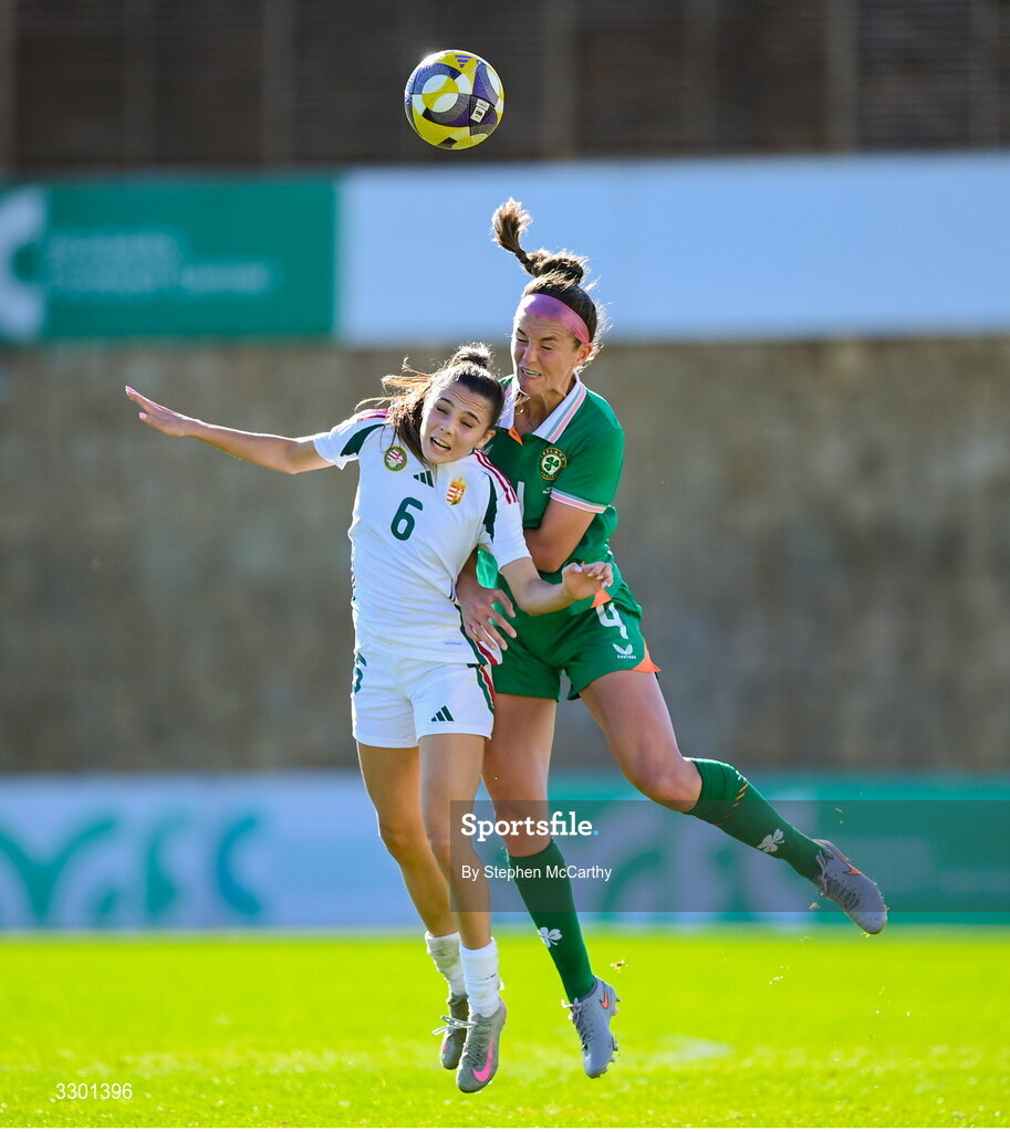 29 November 2025; Borbala Vincze of Hungary in action against Caitlin Hayes of Republic of Ireland during the women's international friendly match between Republic of Ireland and Hungary at Marbella Football Centre in Marbella, Spain. Photo by Stephen McCarthy/Sportsfile