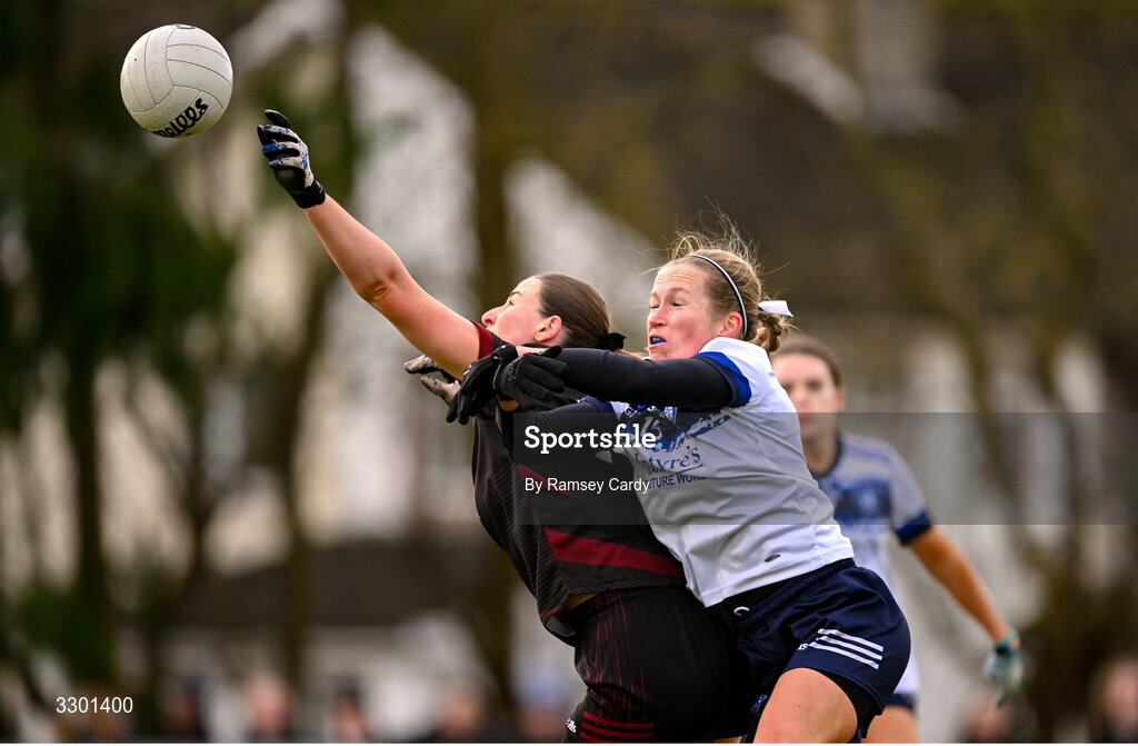 29 November 2025; Eimear Burke of Cromane in action against Marian McGuinness of Cavan Gaels during the AIB All-Ireland Ladies Football Club Junior Club Championship semi-final match between Cavan Gaels of Cavan and Cromane of Kerry at Terry Coyle Park in Cavan. Photo by Ramsey Cardy/Sportsfile