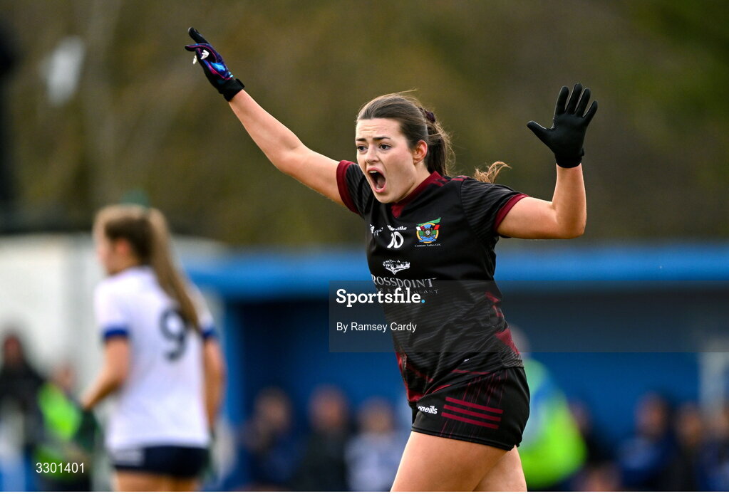 29 November 2025; Cromane captain Mairín Duffy reacts during the AIB All-Ireland Ladies Football Club Junior Club Championship semi-final match between Cavan Gaels of Cavan and Cromane of Kerry at Terry Coyle Park in Cavan. Photo by Ramsey Cardy/Sportsfile