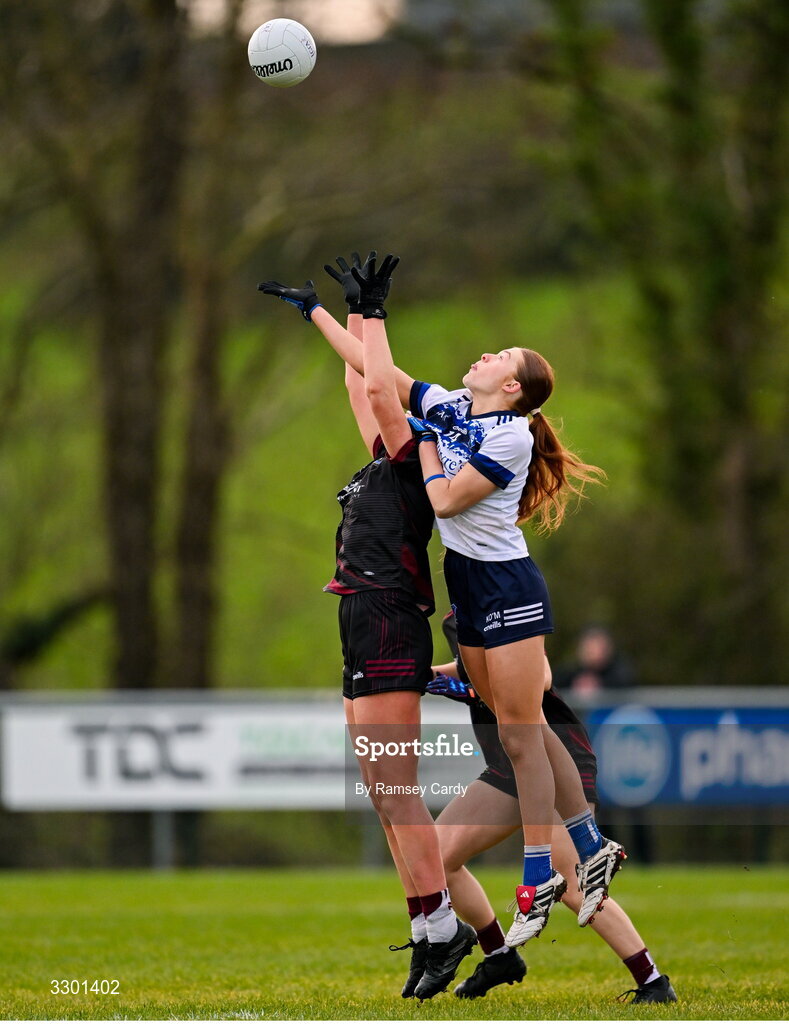 29 November 2025; Leona O'Sullivan of Cromane in action against Katie O'Meara of Cavan Gaels during the AIB All-Ireland Ladies Football Club Junior Club Championship semi-final match between Cavan Gaels of Cavan and Cromane of Kerry at Terry Coyle Park in Cavan. Photo by Ramsey Cardy/Sportsfile