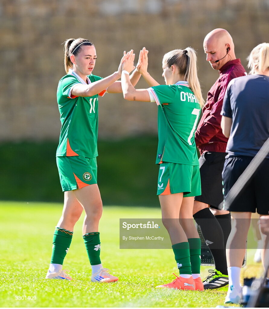 29 November 2025; Katie McCabe of Republic of Ireland is substituted off for teammate Tara O'Hanlon, right, during the women's international friendly match between Republic of Ireland and Hungary at Marbella Football Centre in Marbella, Spain. Photo by Stephen McCarthy/Sportsfile