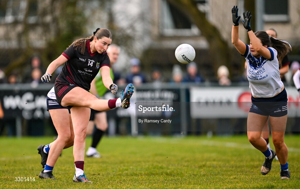 29 November 2025; Eimear Burke of Cromane in action against Lauren Sheridan of Cavan Gaels during the AIB All-Ireland Ladies Football Club Junior Club Championship semi-final match between Cavan Gaels of Cavan and Cromane of Kerry at Terry Coyle Park in Cavan. Photo by Ramsey Cardy/Sportsfile