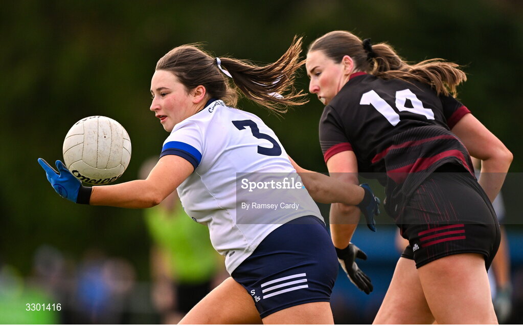 29 November 2025; Lauren Sheridan of Cavan Gaels in action against Eimear Burke of Cromane during the AIB All-Ireland Ladies Football Club Junior Club Championship semi-final match between Cavan Gaels of Cavan and Cromane of Kerry at Terry Coyle Park in Cavan. Photo by Ramsey Cardy/Sportsfile