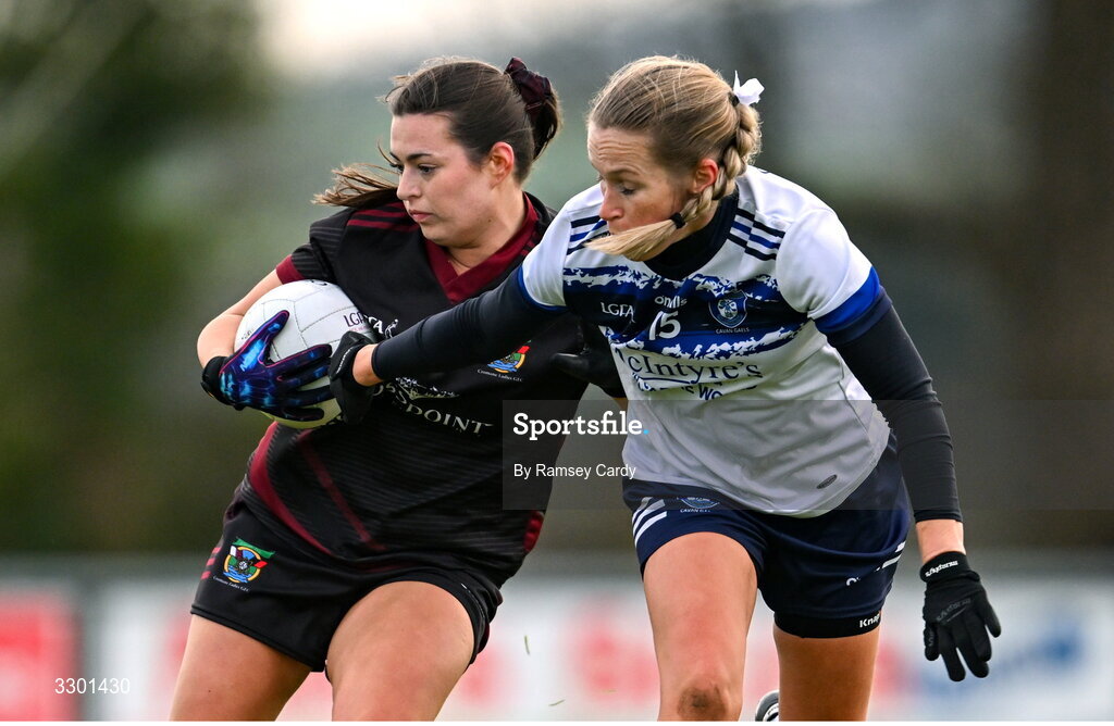 29 November 2025; Mairín Duffy of Cromane in action against Marian McGuinness of Cavan Gaels during the AIB All-Ireland Ladies Football Club Junior Club Championship semi-final match between Cavan Gaels of Cavan and Cromane of Kerry at Terry Coyle Park in Cavan. Photo by Ramsey Cardy/Sportsfile