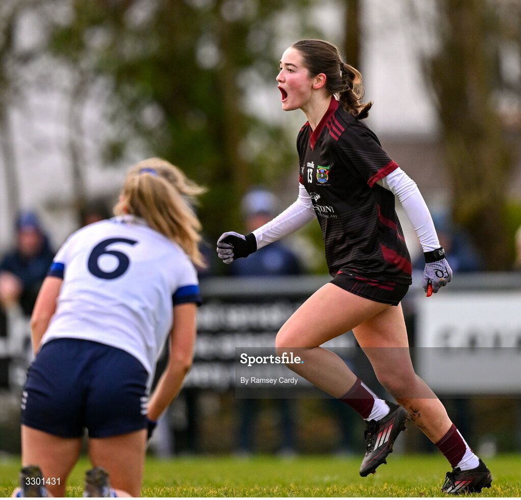29 November 2025; Roisín Griffin of Cromane celebrates after scoring her side's first goal during the AIB All-Ireland Ladies Football Club Junior Club Championship semi-final match between Cavan Gaels of Cavan and Cromane of Kerry at Terry Coyle Park in Cavan. Photo by Ramsey Cardy/Sportsfile