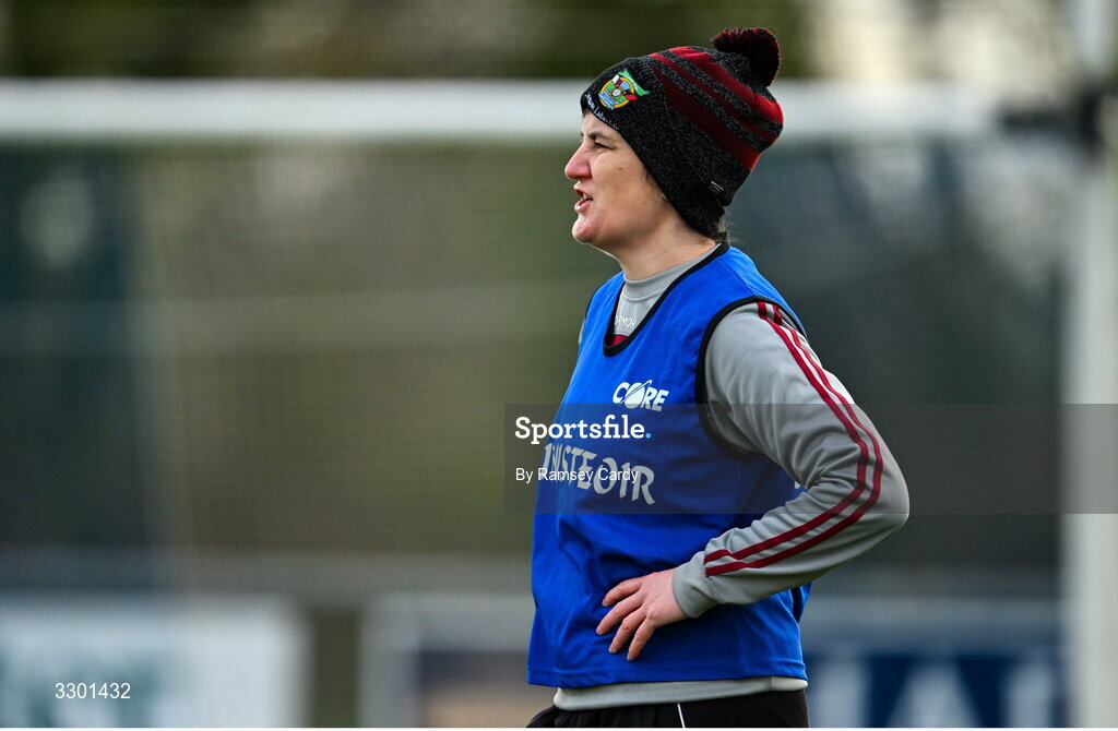 29 November 2025; Cromane manager Anna Maria O'Donoghue during the AIB All-Ireland Ladies Football Club Junior Club Championship semi-final match between Cavan Gaels of Cavan and Cromane of Kerry at Terry Coyle Park in Cavan. Photo by Ramsey Cardy/Sportsfile