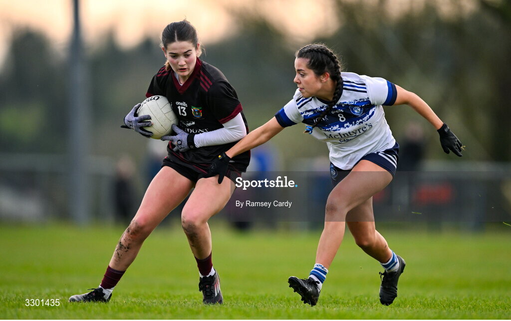 29 November 2025; Roisín Griffin of Cromane in action against Emma McIntyre of Cavan Gaels during the AIB All-Ireland Ladies Football Club Junior Club Championship semi-final match between Cavan Gaels of Cavan and Cromane of Kerry at Terry Coyle Park in Cavan. Photo by Ramsey Cardy/Sportsfile