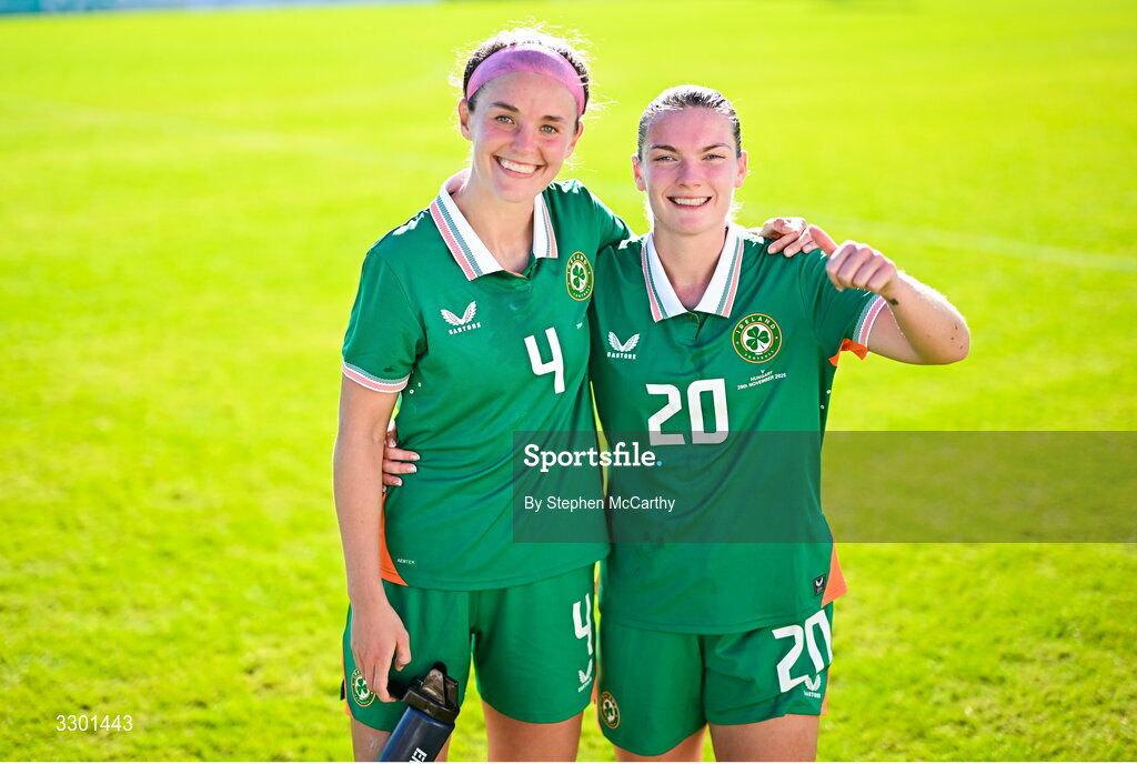29 November 2025; Caitlin Hayes, left, and Saoirse Noonan of Republic of Ireland after the women's international friendly match between Republic of Ireland and Hungary at Marbella Football Centre in Marbella, Spain. Photo by Stephen McCarthy/Sportsfile