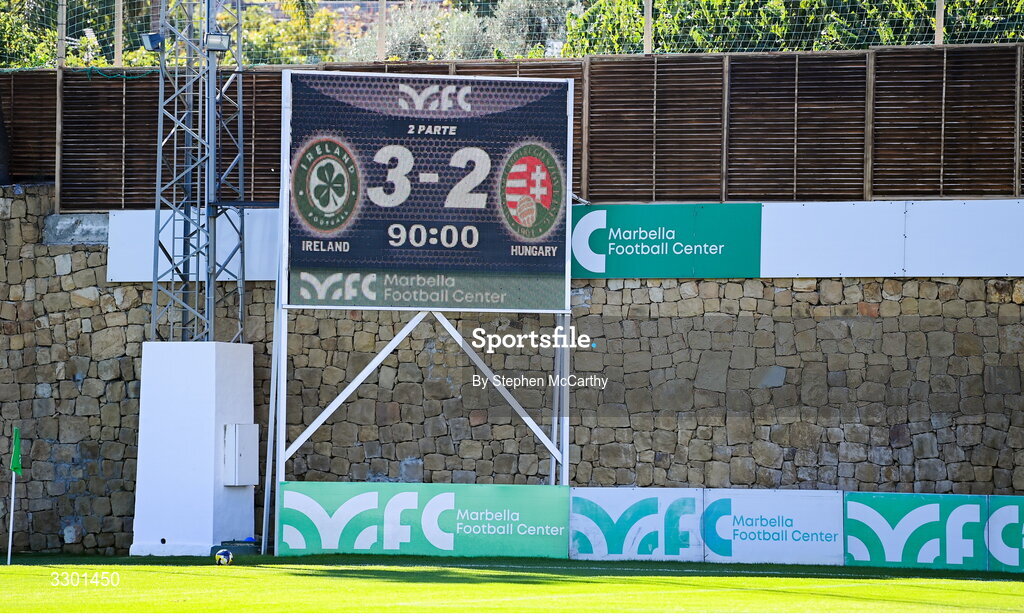 29 November 2025; A view of the scoreboard after the women's international friendly match between Republic of Ireland and Hungary at Marbella Football Centre in Marbella, Spain. Photo by Stephen McCarthy/Sportsfile