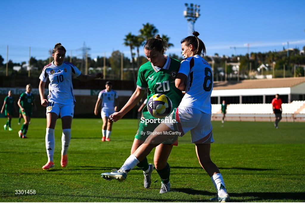 29 November 2025; Saoirse Noonan of Republic of Ireland and Viktoria Szabo of Hungary during the women's international friendly match between Republic of Ireland and Hungary at Marbella Football Centre in Marbella, Spain. Photo by Stephen McCarthy/Sportsfile