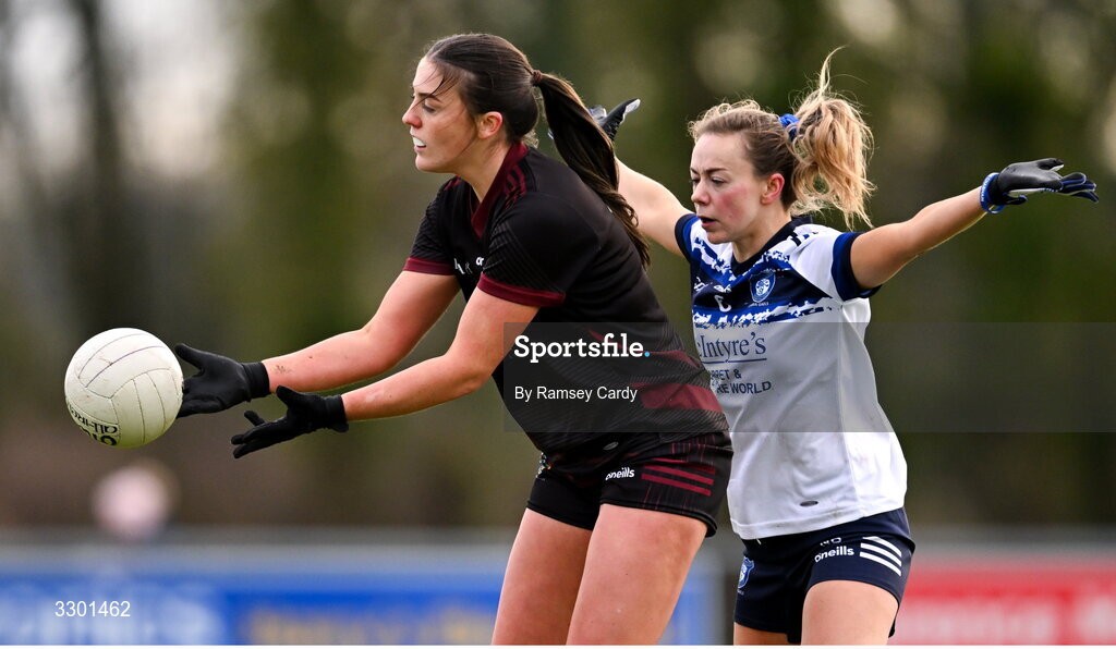 29 November 2025; Mary Kate Smith of Cromane in action against Niamh Briody of Cavan Gaels during the AIB All-Ireland Ladies Football Club Junior Club Championship semi-final match between Cavan Gaels of Cavan and Cromane of Kerry at Terry Coyle Park in Cavan. Photo by Ramsey Cardy/Sportsfile