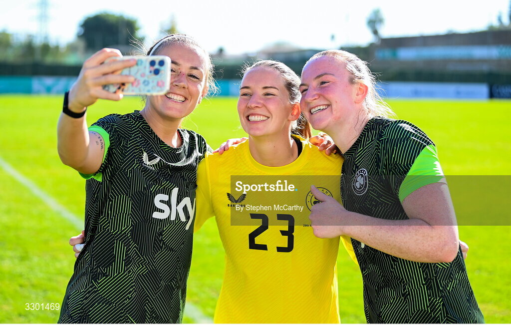 29 November 2025; Republic of Ireland goalkeepers, from left, Grace Moloney, Sophie Whitehouse and Courtney Brosnan after the women's international friendly match between Republic of Ireland and Hungary at Marbella Football Centre in Marbella, Spain. Photo by Stephen McCarthy/Sportsfile
