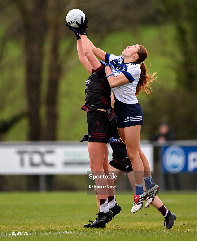 29 November 2025; Leona O'Sullivan of Cromane in action against Katie O'Meara of Cavan Gaels during the AIB All-Ireland Ladies Football Club Junior Club Championship semi-final match between Cavan Gaels of Cavan and Cromane of Kerry at Terry Coyle Park in Cavan. Photo by Ramsey Cardy/Sportsfile