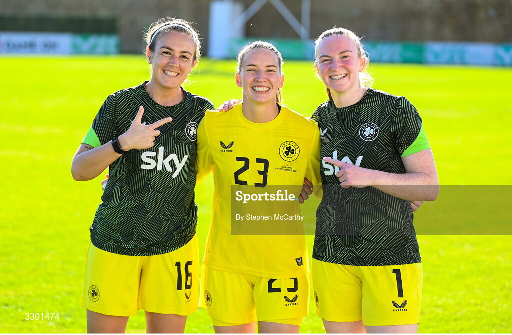 29 November 2025; Republic of Ireland goalkeepers, from left, Grace Moloney, Sophie Whitehouse and Courtney Brosnan after the women's international friendly match between Republic of Ireland and Hungary at Marbella Football Centre in Marbella, Spain. Photo by Stephen McCarthy/Sportsfile