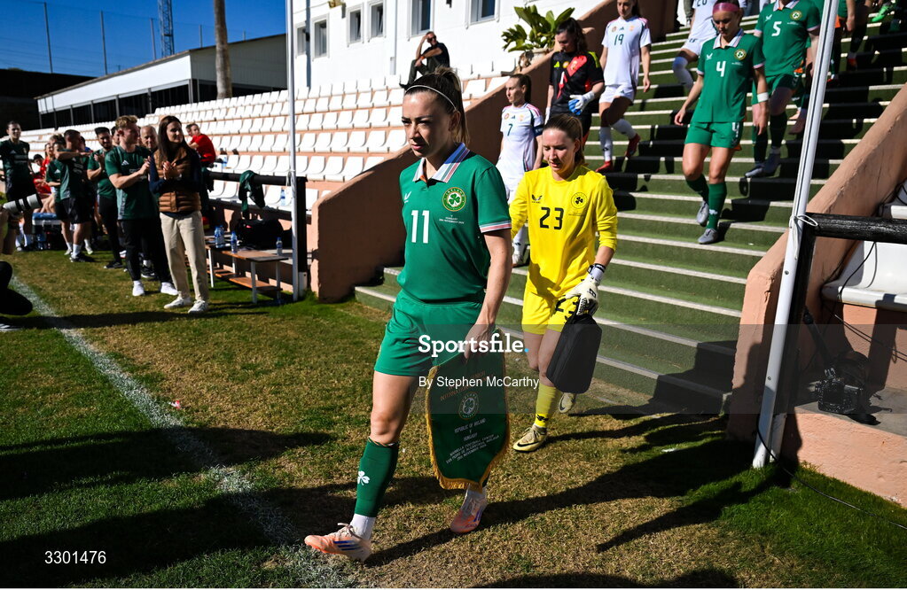 29 November 2025; Katie McCabe of Republic of Ireland leads her side out before the women's international friendly match between Republic of Ireland and Hungary at Marbella Football Centre in Marbella, Spain. Photo by Stephen McCarthy/Sportsfile