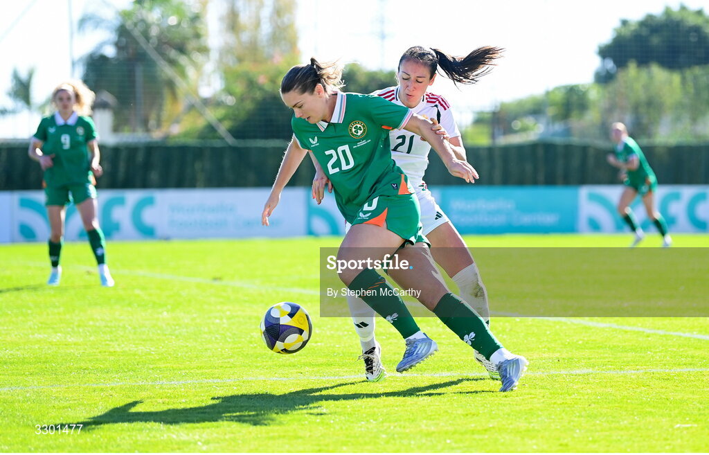 29 November 2025; Saoirse Noonan of Republic of Ireland and Fanni Nagy of Hungary during the women's international friendly match between Republic of Ireland and Hungary at Marbella Football Centre in Marbella, Spain. Photo by Stephen McCarthy/Sportsfile