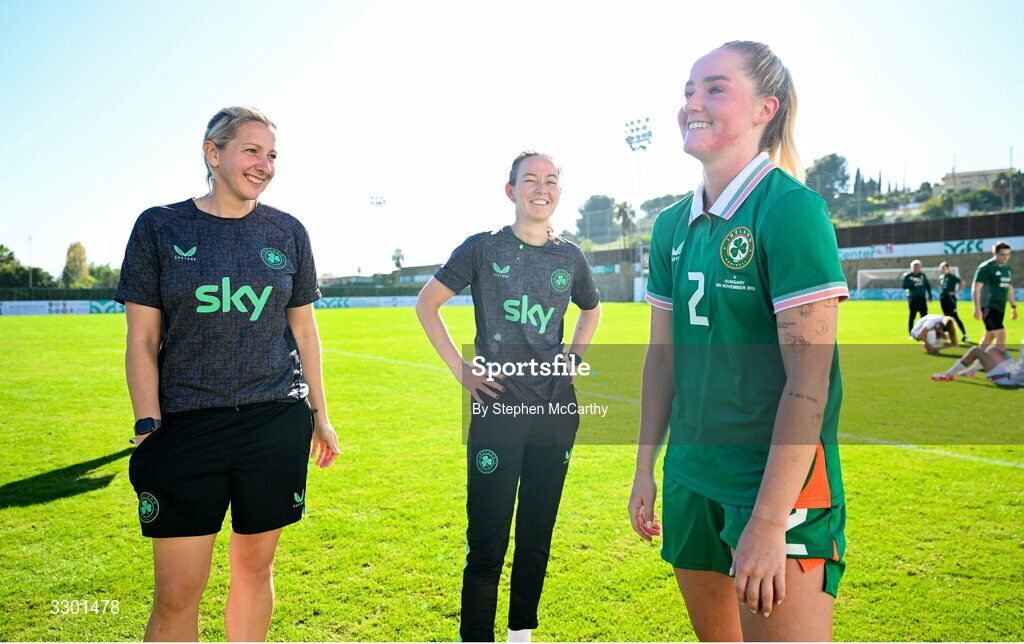 29 November 2025; Republic of Ireland head coach Carla Ward, assistant coach Amber Whiteley and Jessie Stapleton of Republic of Ireland after the women's international friendly match between Republic of Ireland and Hungary at Marbella Football Centre in Marbella, Spain. Photo by Stephen McCarthy/Sportsfile