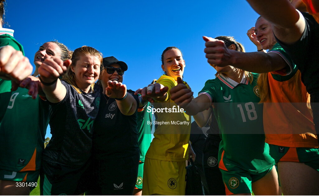 29 November 2025; Republic of Ireland players and staff, including goalkeeper Sophie Whitehouse, centre, after the women's international friendly match between Republic of Ireland and Hungary at Marbella Football Centre in Marbella, Spain. Photo by Stephen McCarthy/Sportsfile