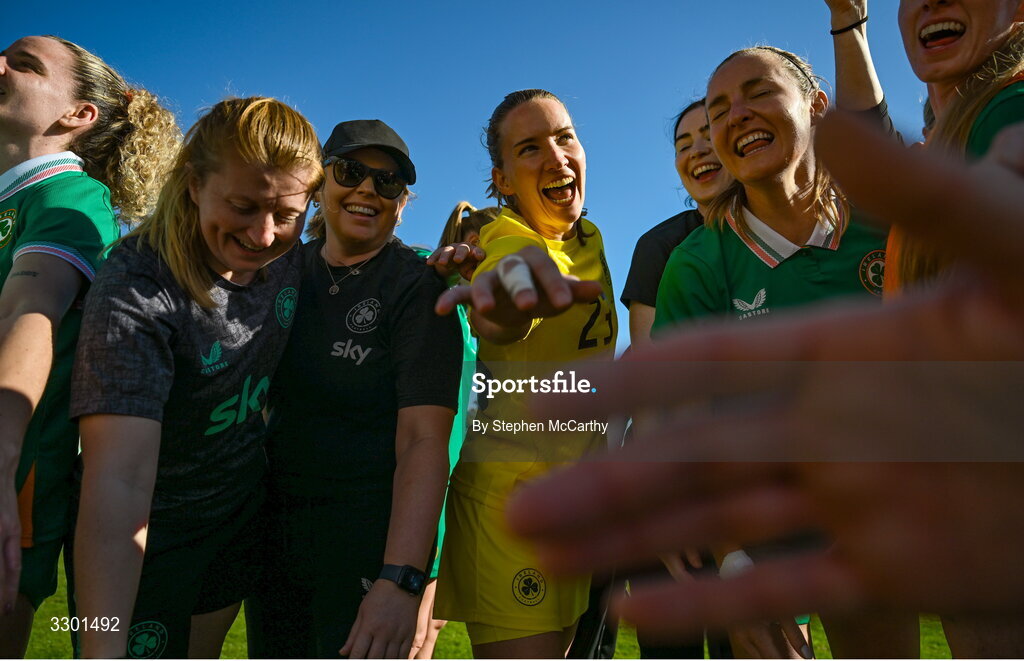 29 November 2025; Republic of Ireland players and staff, including goalkeeper Sophie Whitehouse, centre, after the women's international friendly match between Republic of Ireland and Hungary at Marbella Football Centre in Marbella, Spain. Photo by Stephen McCarthy/Sportsfile