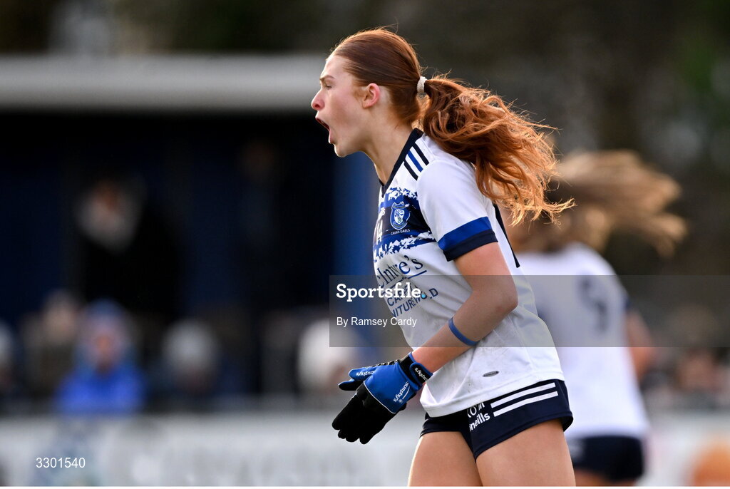 29 November 2025; Katie O'Meara of Cavan Gaels celebrates a point kicked by teammate Sarah Clarke during the AIB All-Ireland Ladies Football Club Junior Club Championship semi-final match between Cavan Gaels of Cavan and Cromane of Kerry at Terry Coyle Park in Cavan. Photo by Ramsey Cardy/Sportsfile