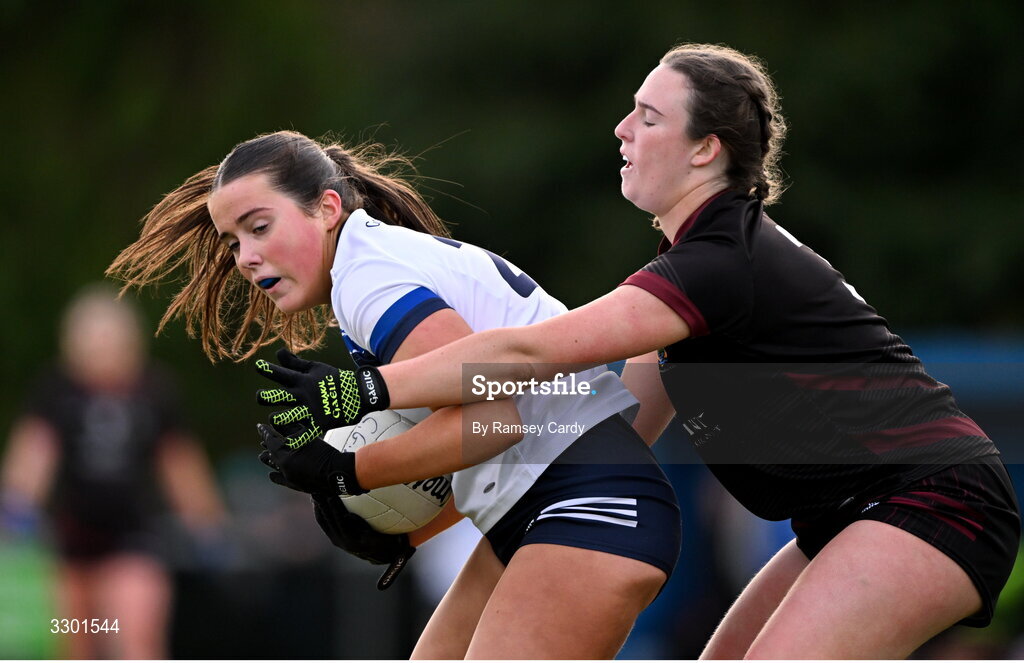 29 November 2025; Shauna Brady of Cavan Gaels in action against Orlaith Burke of Cromane during the AIB All-Ireland Ladies Football Club Junior Club Championship semi-final match between Cavan Gaels of Cavan and Cromane of Kerry at Terry Coyle Park in Cavan. Photo by Ramsey Cardy/Sportsfile