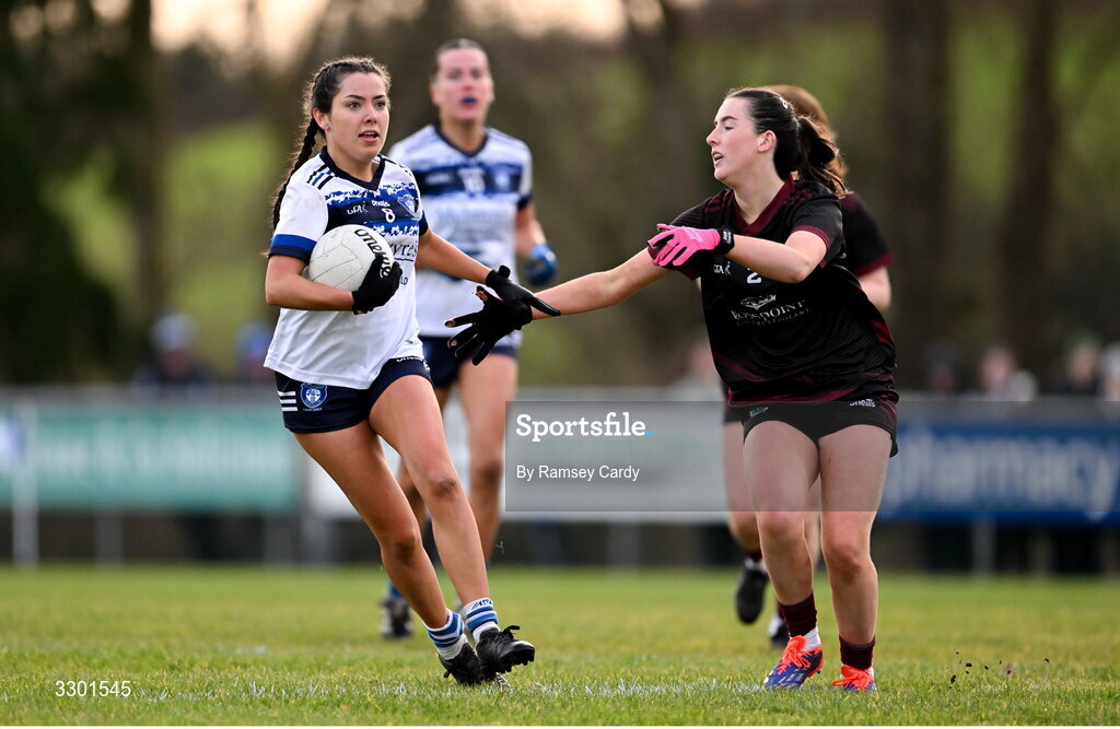 29 November 2025; Emma McIntyre of Cavan Gaels in action against Naoise Burke of Cromane during the AIB All-Ireland Ladies Football Club Junior Club Championship semi-final match between Cavan Gaels of Cavan and Cromane of Kerry at Terry Coyle Park in Cavan. Photo by Ramsey Cardy/Sportsfile
