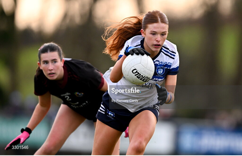 29 November 2025; Katie O'Meara of Cavan Gaels in action against Naoise Burke of Cromane during the AIB All-Ireland Ladies Football Club Junior Club Championship semi-final match between Cavan Gaels of Cavan and Cromane of Kerry at Terry Coyle Park in Cavan. Photo by Ramsey Cardy/Sportsfile