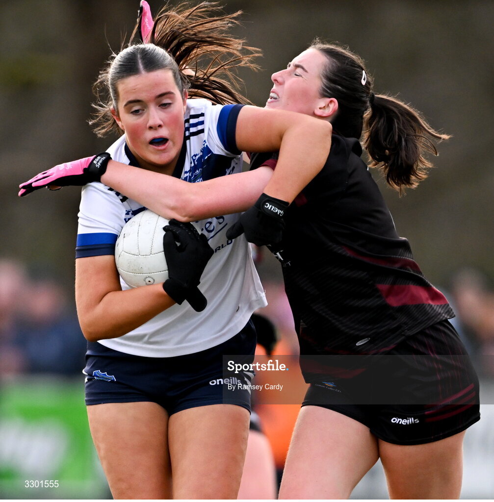 29 November 2025; Shauna Brady of Cavan Gaels in action against Naoise Burke of Cromane during the AIB All-Ireland Ladies Football Club Junior Club Championship semi-final match between Cavan Gaels of Cavan and Cromane of Kerry at Terry Coyle Park in Cavan. Photo by Ramsey Cardy/Sportsfile