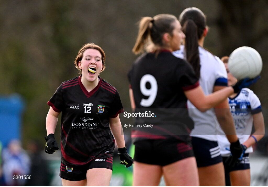 29 November 2025; Emily O'Sullivan of Cromane celebrates her side winning a free during the AIB All-Ireland Ladies Football Club Junior Club Championship semi-final match between Cavan Gaels of Cavan and Cromane of Kerry at Terry Coyle Park in Cavan. Photo by Ramsey Cardy/Sportsfile