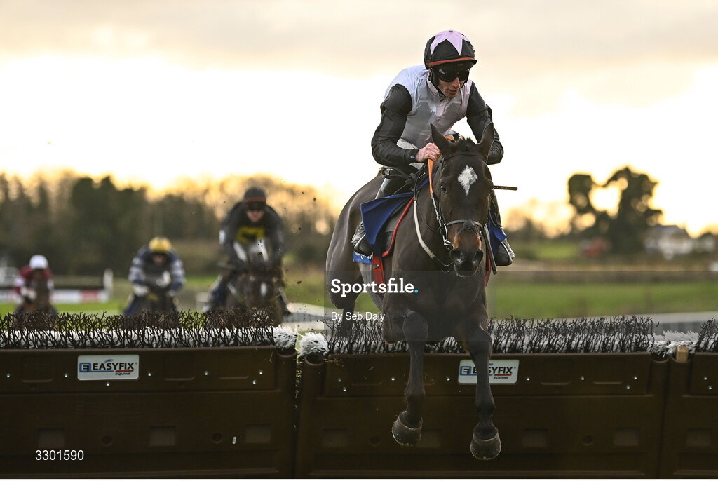 29 November 2025; Skylight Hustle, with Jack Kennedy up, jumps the last on their way to winning the Kettles Country House Hotel Maiden Hurdle during day one of the Fairyhouse Winter Festival at Fairyhouse Racecourse in Meath. Photo by Seb Daly/Sportsfile