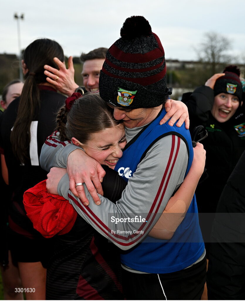 29 November 2025; Cromane manager Anna Maria O'Donoghue celebrates with Saoirse Harkin after the AIB All-Ireland Ladies Football Club Junior Club Championship semi-final match between Cavan Gaels of Cavan and Cromane of Kerry at Terry Coyle Park in Cavan. Photo by Ramsey Cardy/Sportsfile