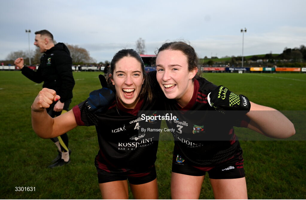 29 November 2025; Seodhla O'Donovan, left, and Orlaith Burke of Cromane celebrate after the AIB All-Ireland Ladies Football Club Junior Club Championship semi-final match between Cavan Gaels of Cavan and Cromane of Kerry at Terry Coyle Park in Cavan. Photo by Ramsey Cardy/Sportsfile