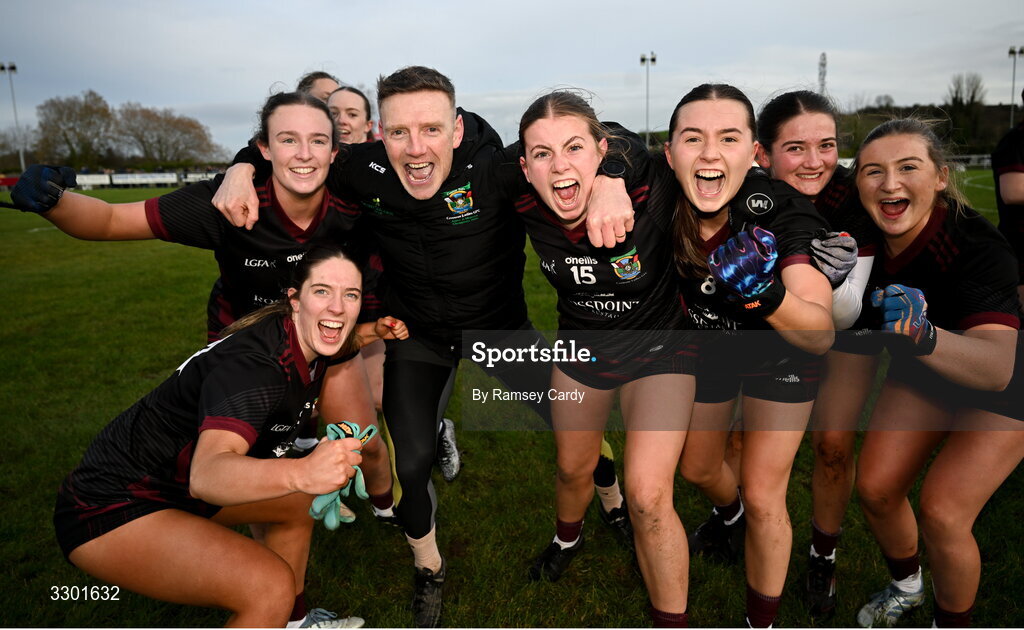 29 November 2025; Cromane players and staff celebrate after the AIB All-Ireland Ladies Football Club Junior Club Championship semi-final match between Cavan Gaels of Cavan and Cromane of Kerry at Terry Coyle Park in Cavan. Photo by Ramsey Cardy/Sportsfile