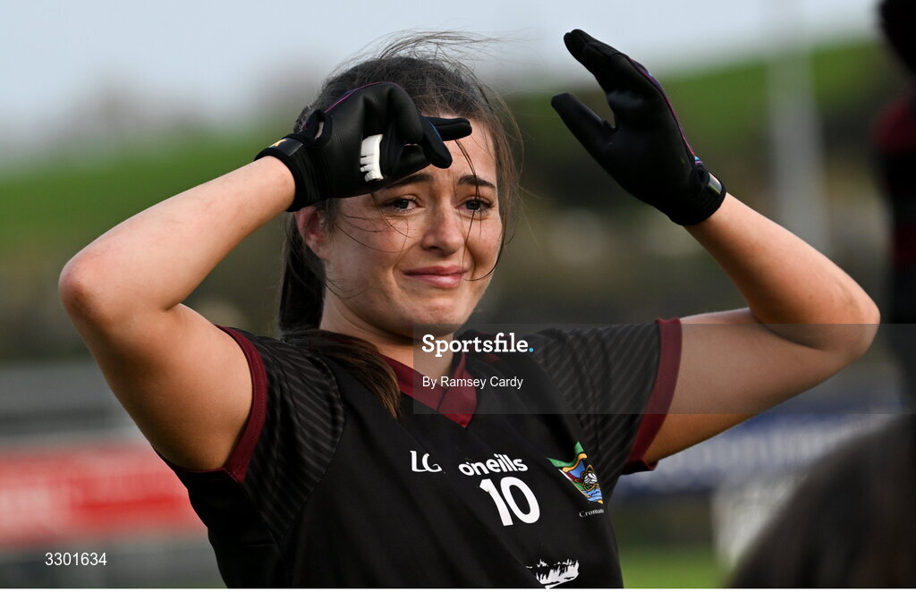 29 November 2025; Mairín Duffy of Cromane reacts after her side's victory in the AIB All-Ireland Ladies Football Club Junior Club Championship semi-final match between Cavan Gaels of Cavan and Cromane of Kerry at Terry Coyle Park in Cavan. Photo by Ramsey Cardy/Sportsfile