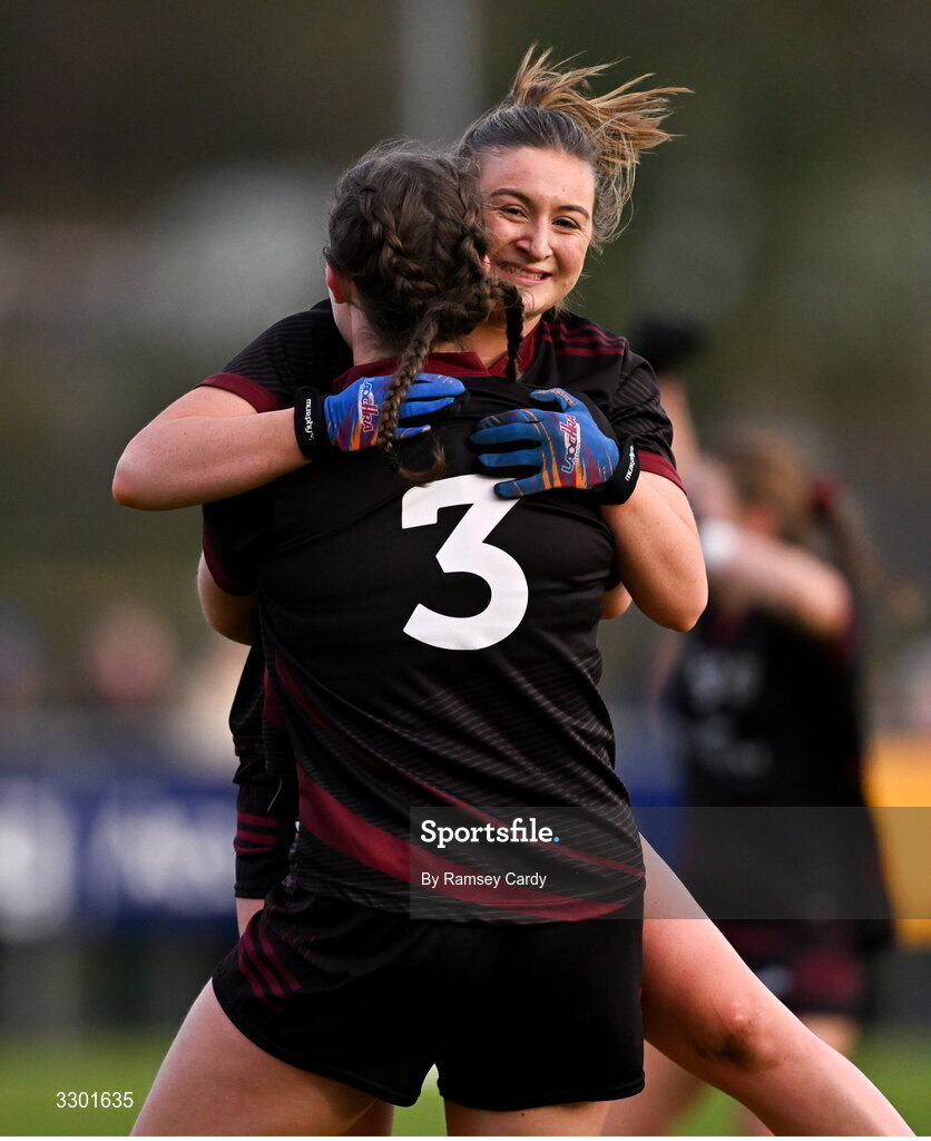 29 November 2025; Roisín Smith, right, and Orlaith Burke of Cromane celebrate at the final whistle of the AIB All-Ireland Ladies Football Club Junior Club Championship semi-final match between Cavan Gaels of Cavan and Cromane of Kerry at Terry Coyle Park in Cavan. Photo by Ramsey Cardy/Sportsfile