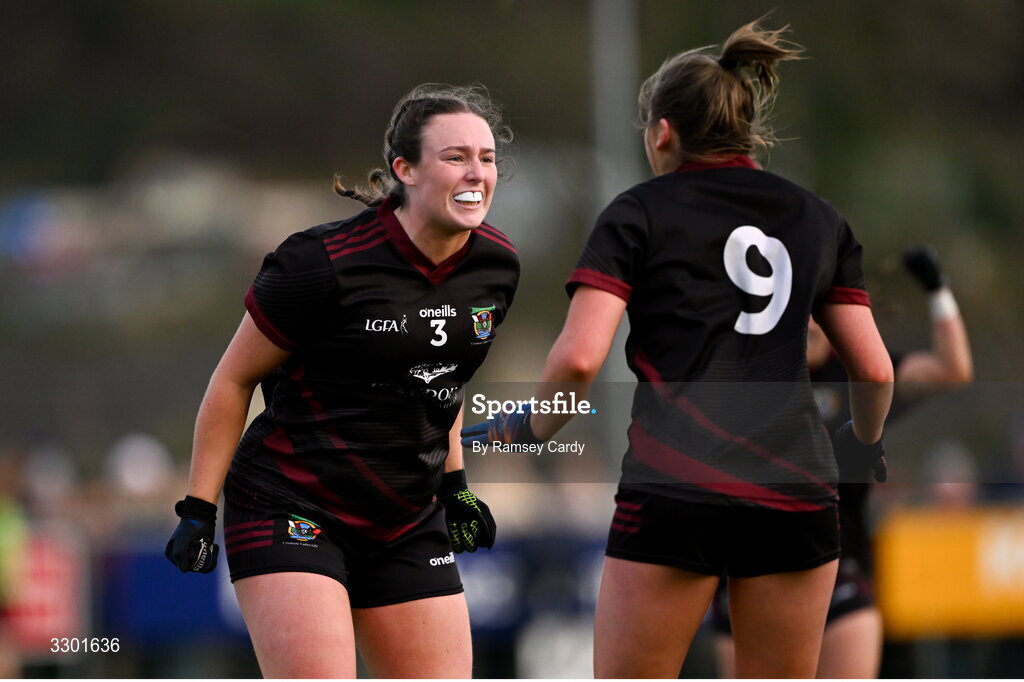29 November 2025; Orlaith Burke, left, and Roisín Smith of Cromane celebrate at the final whistle of the AIB All-Ireland Ladies Football Club Junior Club Championship semi-final match between Cavan Gaels of Cavan and Cromane of Kerry at Terry Coyle Park in Cavan. Photo by Ramsey Cardy/Sportsfile