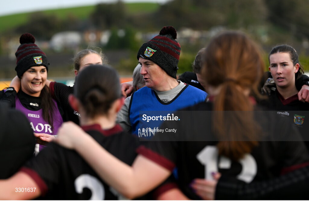 29 November 2025; Cromane manager Anna Maria O'Donoghue speaks to her side after their victory in the AIB All-Ireland Ladies Football Club Junior Club Championship semi-final match between Cavan Gaels of Cavan and Cromane of Kerry at Terry Coyle Park in Cavan. Photo by Ramsey Cardy/Sportsfile