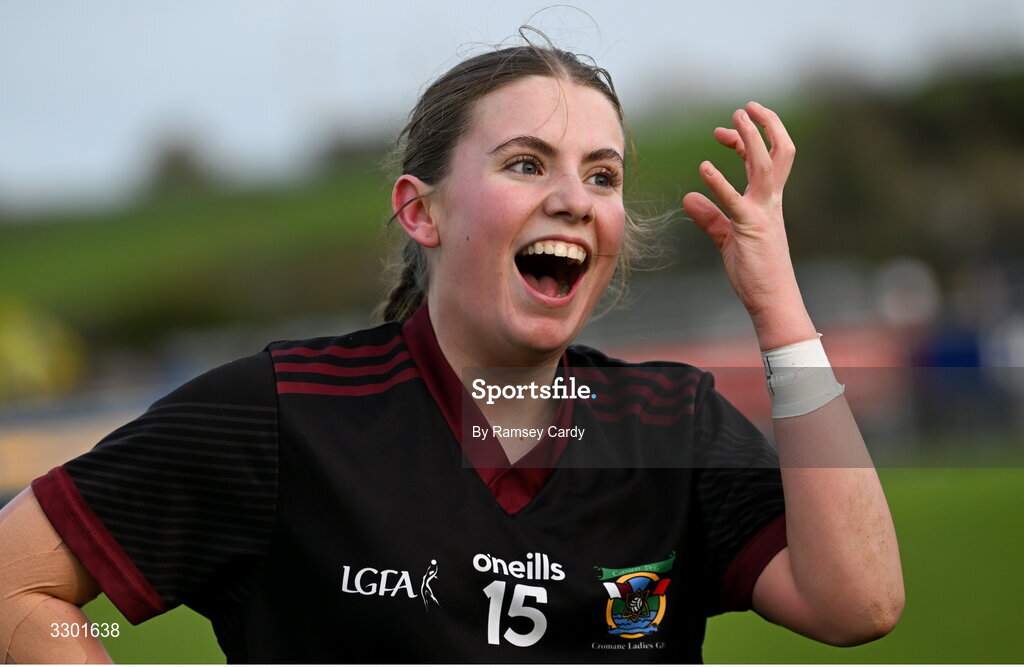 29 November 2025; Saoirse Harkin of Cromane reacts after her side's victory in the AIB All-Ireland Ladies Football Club Junior Club Championship semi-final match between Cavan Gaels of Cavan and Cromane of Kerry at Terry Coyle Park in Cavan. Photo by Ramsey Cardy/Sportsfile