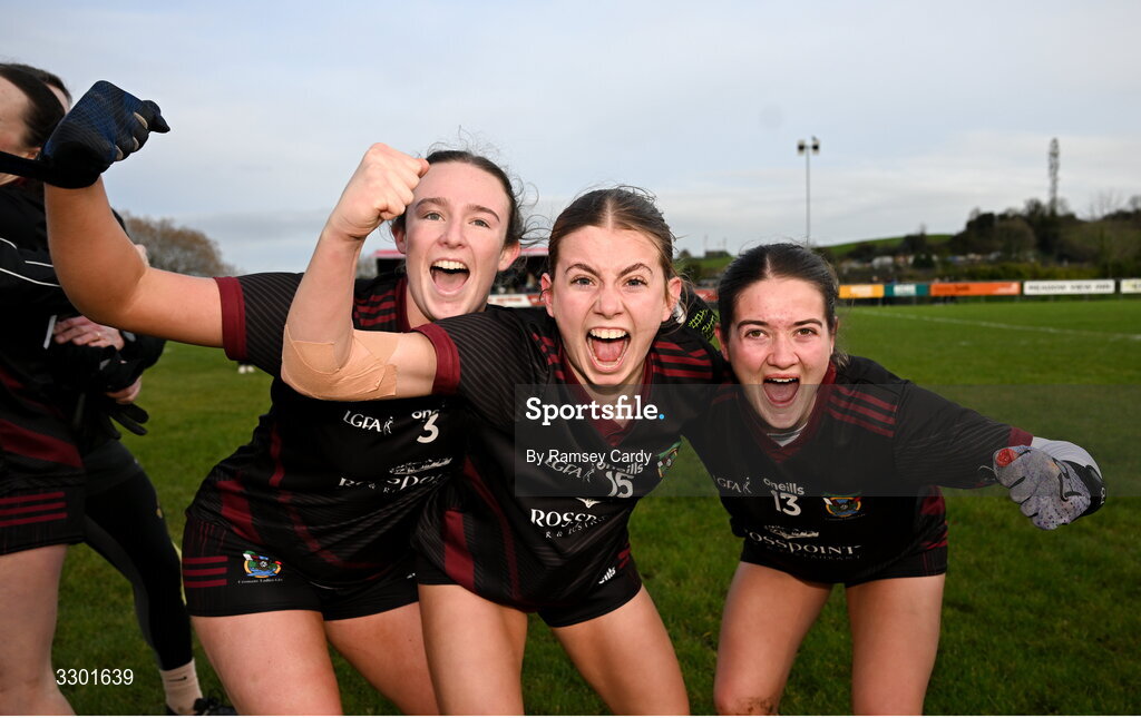 29 November 2025; Cromane players, from left, Orlaith Burke, Saoirse Harkin and Roisín Griffin celebrate after the AIB All-Ireland Ladies Football Club Junior Club Championship semi-final match between Cavan Gaels of Cavan and Cromane of Kerry at Terry Coyle Park in Cavan. Photo by Ramsey Cardy/Sportsfile